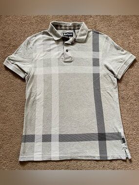 Barbour Blaine Tartan Polo Shirt Mens Large Gray Plaid Jersey Cotton Casual Top